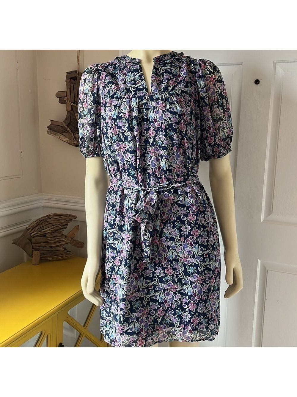 Collective Concepts Floral Tie Waist Midi puff sleeve Dress S
